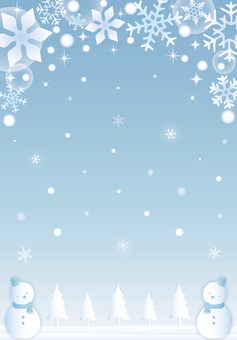 雪だるまと静かな雪の森のフレーム（縦） 冬,雪の結晶,雪,雪だるま,キラキラ,クリスマス,フレーム,かわいい,壁紙,カードのイラスト素材