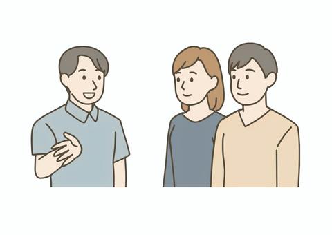 介護士の説明を受ける利用者の家族 介護士,介護福祉士,介護職,ヘルパー,ケアワーカー,ポロシャツ,感情表現,介護,高齢者ケア,デイサービスのイラスト素材