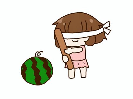 スイカ割りする女の子 スイカ,スイカ割り,ゲーム,夏,女の子,子供,目隠し,木,棒,水着のイラスト素材