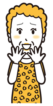  大阪のおばちゃん(黄)-156-バスト 照れる,おばちゃん,大阪,ヒョウ柄,おばはん,中年,女性,関西,派手,おばさんのイラスト素材