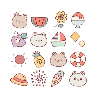 夏くまセット 夏,くま,食べ物,スイカ,アイス,向日葵,海,プール,動物,線画のイラスト素材