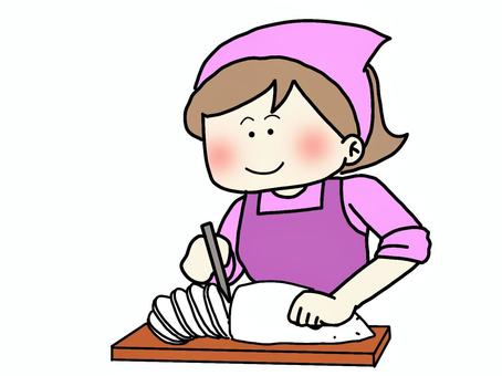 大根を切る女性 女性,上半身,料理,大根,笑顔,まな板のイラスト素材