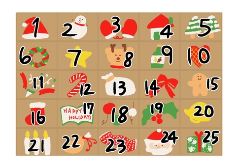 アドベントカレンダー用 日付 クリスマス,12月,カレンダー,シール用,ゆるかわ,手書きのイラスト素材