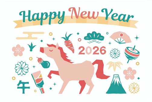 年賀状2026_馬と和飾り_おしゃれ_2 年賀状,馬,おしゃれ,かわいい,和風,2026年,2026,午,午年,テンプレートのイラスト素材
