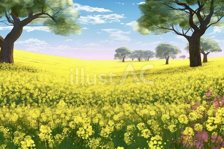 一面の菜の花畑のイラスト 黄色,背景,春のイラスト素材