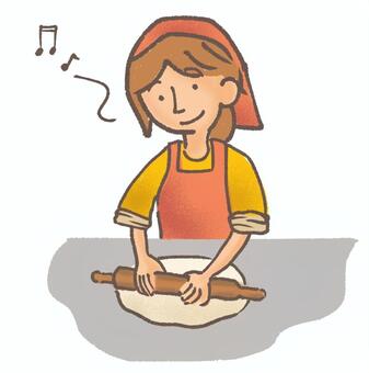 料理をする女性 料理,女性,クッキー,パスタ,麺,うどん,蕎麦,伸ばす,綿棒,のし棒のイラスト素材