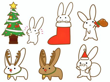 ゆるいうさぎのクリスマスセット うさぎ,兎,クリスマス,動物,キャラクター,セット,冬,トナカイ,サンタ,チキンのイラスト素材