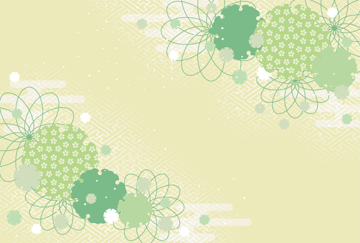 和柄雪輪に花をあしらったハガキサイズ横 背景,和風,和柄,雪輪,紗綾形,花,グリーン,桜,かすみ,年賀状のイラスト素材