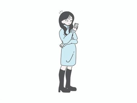 スマホを見る女性 全身 冬（驚き） 女性,スマホ,冬服,全身,立ち姿,sns,メッセージ,説明,レビュー,シンプルのイラスト素材