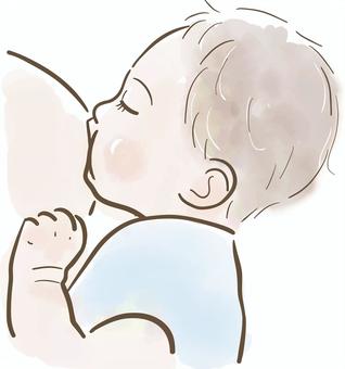 赤ちゃん授乳（母乳）水色の服 赤ちゃん,授乳,母乳,育児,ママ,おっぱい,授乳中,親子,子供,男の子のイラスト素材