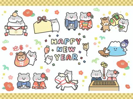 午年 馬とハムスターのお正月セット お正月,馬,ハムスター,年賀状,ハッピーニューイヤー,午年,午,迎春,正月,年賀状素材のイラスト素材