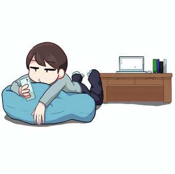 怠慢＿男性 人物,生活,全身,男性,職務怠慢,スマホ,クッション,怠ける,机,パソコンのイラスト素材
