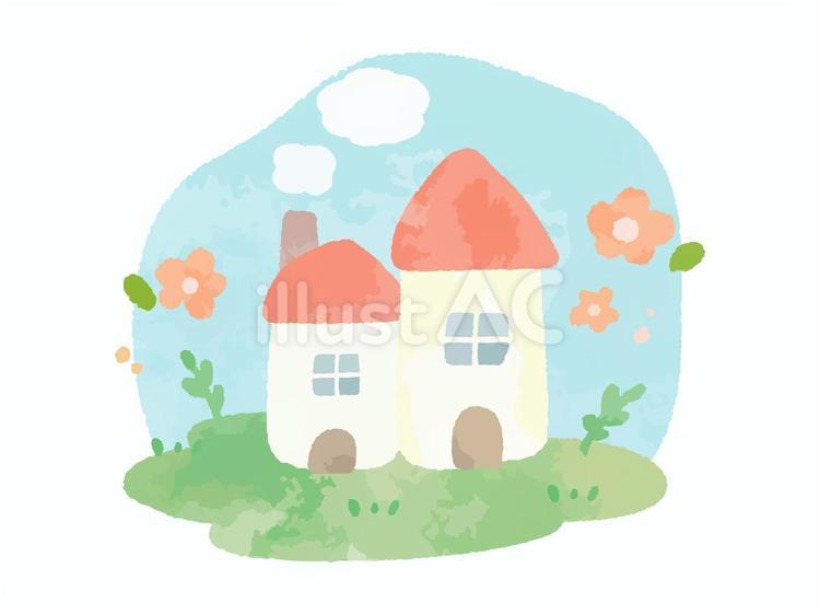 手書き水彩のかわいい家と花の挿し絵 家,かわいい,おしゃれのイラスト素材
