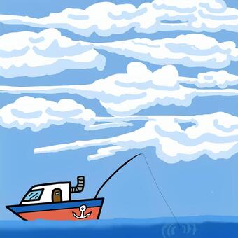 青空と雲の下を進む漁船のイラスト 漁船,船,ボート,漁業,釣り,魚釣り,海,海洋,青空,空のイラスト素材