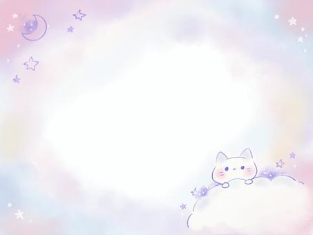 かわいい猫のゆめかわ水彩背景/星月夜 かわいい猫のゆめかわ水彩背景/星月夜 ゆめかわ,猫,水彩,かわいい,背景,フレーム,ファンシー,夜,月,コピースペースのイラスト素材