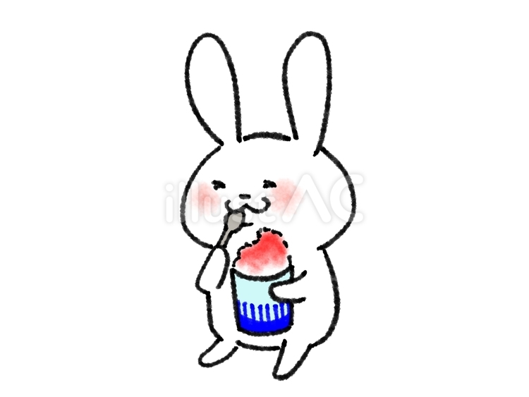いちごシロップのかき氷を食べるうさぎ うさぎ,かき氷,いちごのイラスト素材