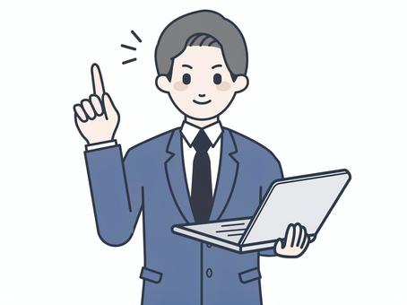 ノートパソコンを持つ男性のイラスト 男性,上半身,ノートパソコン,指,指差し,案内,紹介,説明,提案,解説のイラスト素材