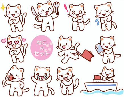 ねこのセット 旅行,キャリーバッグ,船,船旅,食事,感情,喜ぶ,納得,泣く,悲しいのイラスト素材