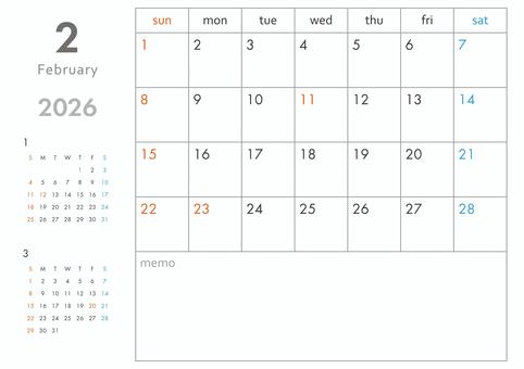 2026年2月カレンダー-横 カレンダー,2026年,2026,1か月,3か月,令和8年,暦,日曜始まり,祝祭日,祝日のイラスト素材