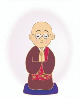 若いお坊さんメガネ 僧侶,若者,合掌,正座,袈裟,伝統,祈り,青,金色,座布団のイラスト素材