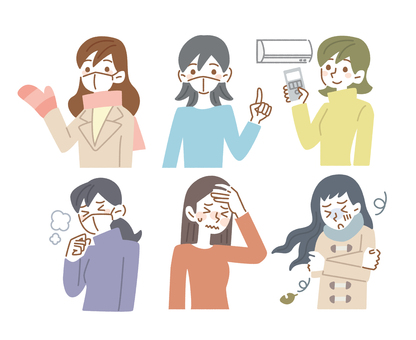 冬・感染症対策・風邪　女性のポーズセット 感染症,女性,主婦,お母さん,冬,予防,対策,風邪,風邪予防,インフルエンザのイラスト素材