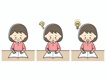 勉強をする女の子のセット 勉強,宿題,学習,解決,問題,わかる,理解,納得,解ける,解答のイラスト素材