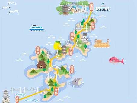 Illustration, shimanami kaido, segara, seto inland sea, 