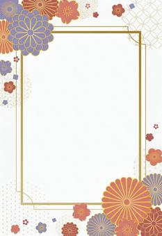 和の花柄の年賀状 縦書き オレンジ,紫,赤,花柄,新年,謹賀新年,菊,梅,桜,鹿の子のイラスト素材