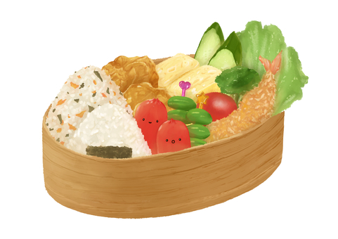 お弁当 お弁当,おにぎり,ウインナー,唐揚げ,枝豆,エビフライ,ブロッコリー,卵焼き,きゅうり,レタスのイラスト素材