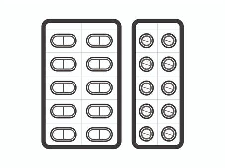 薬（錠剤カプセル・シート２枚）02-03 薬,カプセル,錠剤,ブリスターパック,ptpシート,薬局,病院,病気,治療,アイコンのイラスト素材