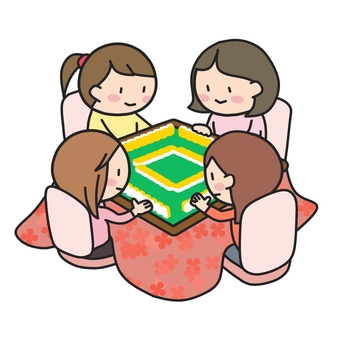 ４人でこたつ麻雀を楽しむ若い女性たち 麻雀,こたつ,四人麻雀,四麻,4人,卓,牌,健康麻雀,趣味,メンツのイラスト素材
