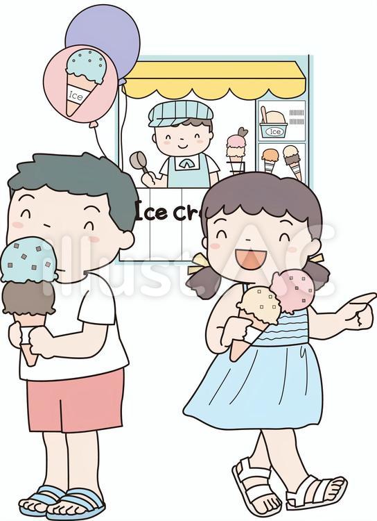 アイスクリームを食べる男の子と女の子 かわいい,手描き,イラストのイラスト素材