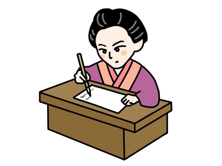 机で文章を書く樋口一葉 樋口一葉,似顔絵,肖像画,ゆるい,かわいい,手描き,デフォルメ,文豪,小説家,作家のイラスト素材