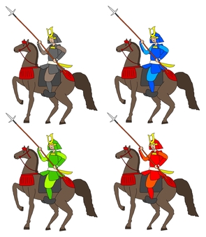 騎馬武者の4色セット 騎馬武者,鎧武者,騎兵,武士,侍,戦士,兵士,日本文化,和風,歴史のイラスト素材