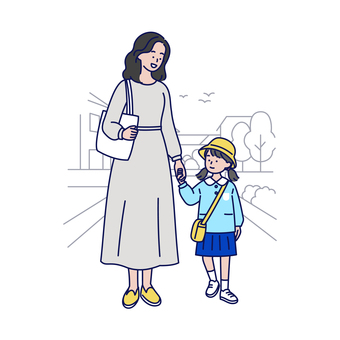 親子で手をつないで登園する園児 人物,親子,登園,園児,幼稚園,保育園,お母さん,女の子,子ども,制服のイラスト素材