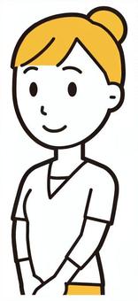  お団子主婦(黄)-009-バスト 立つ,女性,主婦,ママ,長袖,シャツ,半端袖,お団子,アップヘア,母のイラスト素材