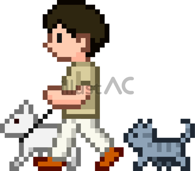 ドット絵の犬の散歩についてく猫です。 ドット絵,犬,散歩のイラスト素材