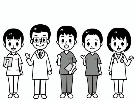 医療スタッフ　全身　白黒 医療,スタッフ,白黒,看護師,医師,笑顔,白衣,男性,女性医師,介護士のイラスト素材