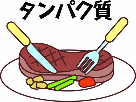 ステーキタンパク質　 ステーキ,タンパク質,栄養,肉,フォーク,ナイフ,食事,文字,線画のイラスト素材
