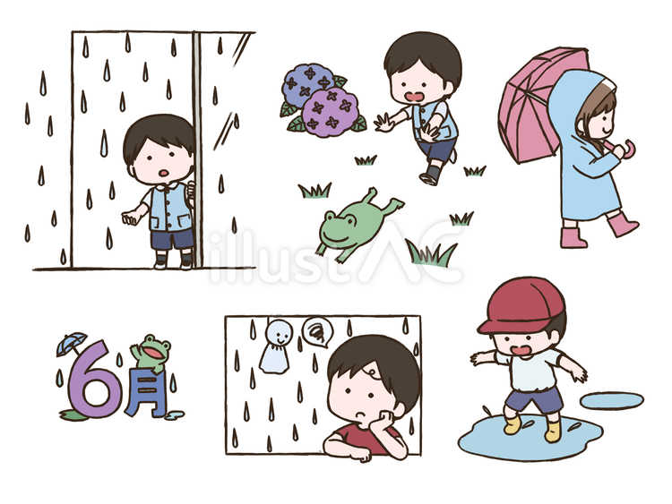 ６月のおたよりに使えるセット(太線版) 雨,男の子,子供のイラスト素材