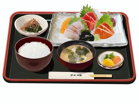 刺身の盛り合わせ定食（お盆付き黒） 刺身,お刺身,活け造り,盛り合わせ,定食,食べ物,和風,ごはん,ご飯,みそ汁のイラスト素材