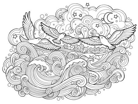 雲と波と鳥 雲と波と鳥 雲,波,鳥,要約の概要,線画,塗り絵,大人向け,細かい,いぬ,月のイラスト素材