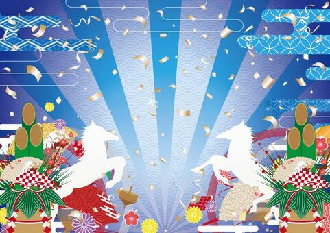 豪華絢爛な午年の正月の青色の集中線 午年,正月,和風,和柄,馬,門松,扇子,コマ,花,雲のイラスト素材