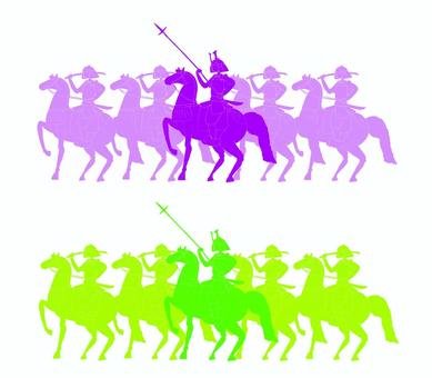 騎馬軍団のシルエット2色 騎馬隊,騎馬武者,シルエット,影,騎兵,鎧武者,武士,侍,戦国,鎌倉のイラスト素材