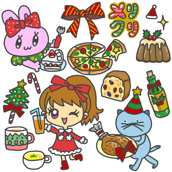 みんなでクリスマスパーティーセット クリスマス,christmas,パーティー,ディナー,お祝い,12月,冬,ごはん,食事,食べ物のイラスト素材