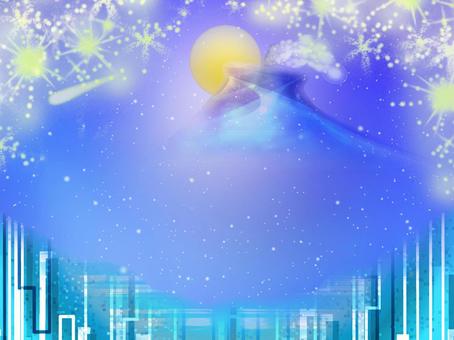 Building and fantastic night sky frame background, starry sky, night sky, full moon, JPG and AI