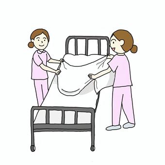 ベッドメイキングをしている看護師 ベッドメイキングをしている看護師 看護師,ベッドメイキング,病院,医療,看護,看護学生,介護,ケア,病室,実習のイラスト素材