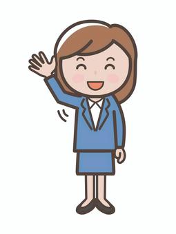 手を振って挨拶するスーツ女性の全身 女性,スーツ,挨拶,返事,会社員,ビジネスウーマン,元気,笑顔,挙手,賛成のイラスト素材