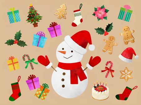 クリスマスセット01 クリスマスセット01 雪だるま,クリスマス,飾り,オーナメント,ソックス,行事,冬,ヒイラギ,ツリー,クッキーのイラスト素材