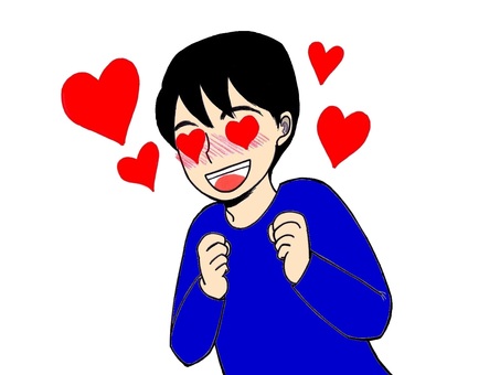 目がハートになっている人のイラスト 人物,男性,黒髪,長袖,笑顔,赤面,ハート,好き,恋,夢中のイラスト素材